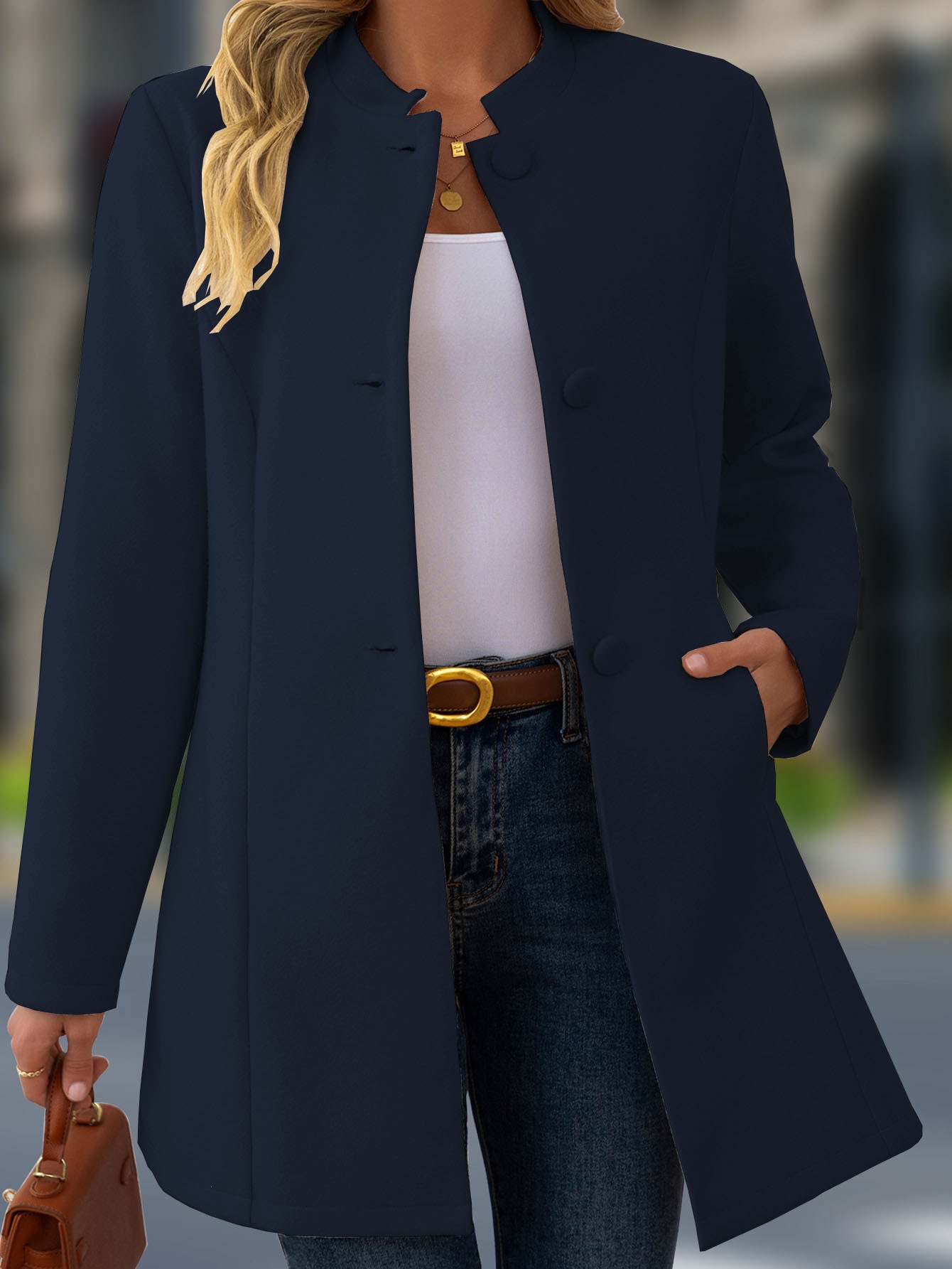 Women's Casual Stand Collar Mid Length Woolen Coat Versatile