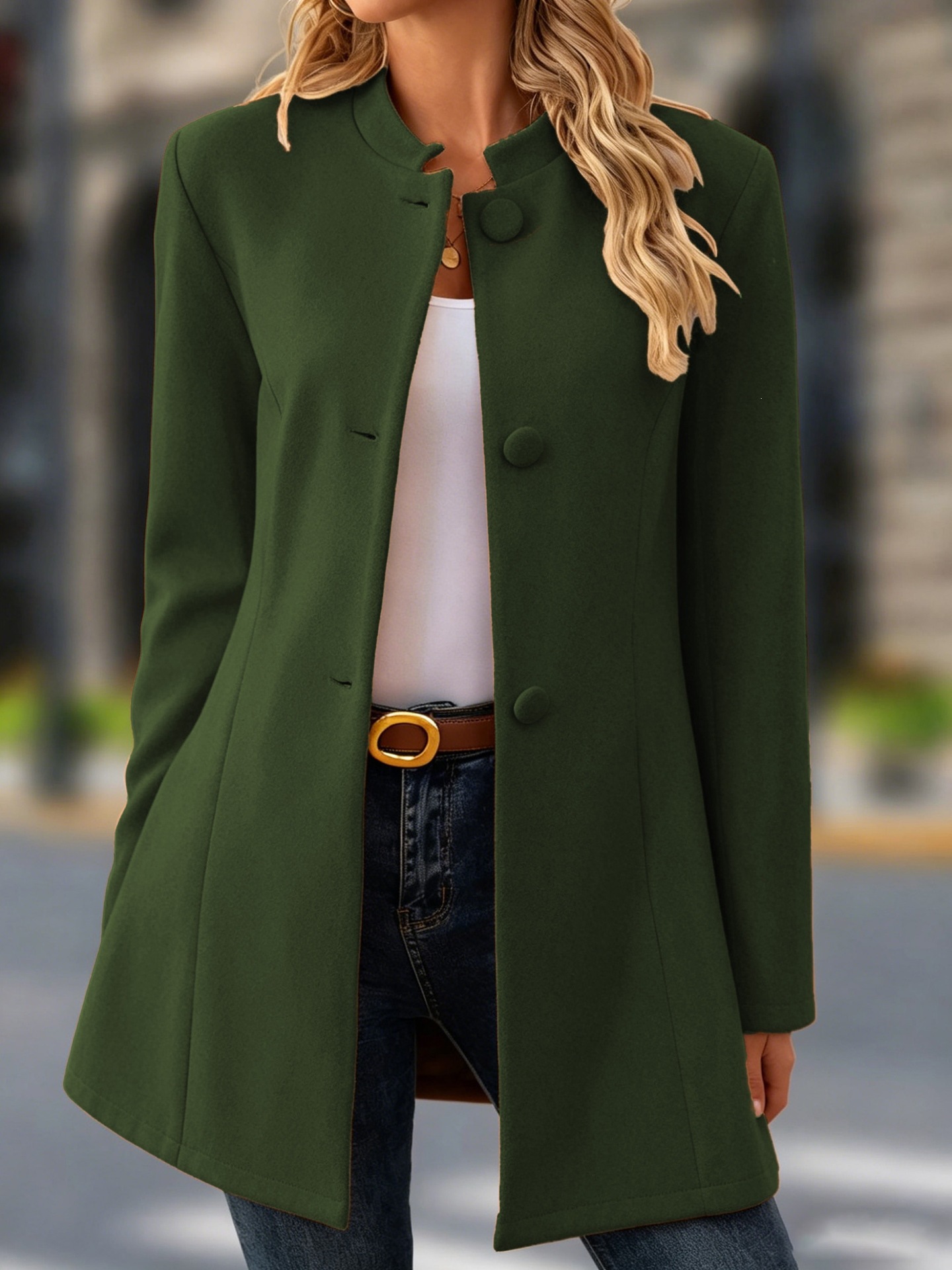 Women's Casual Stand Collar Mid Length Woolen Coat Versatile