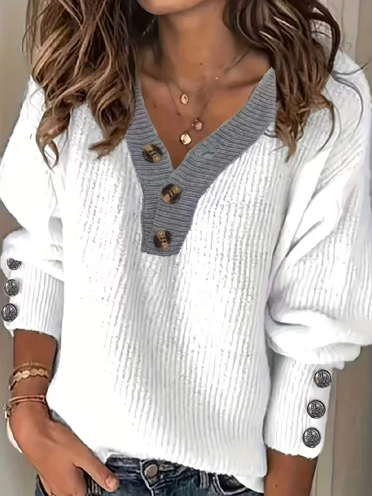 Women's Color-Block Sweater With V-Neck And Contrasting Buttons Top