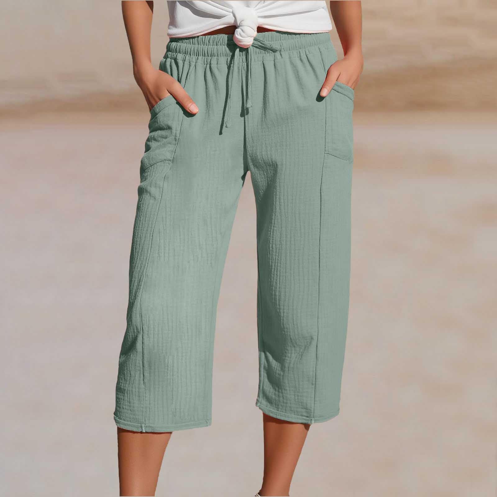 Women's Cotton Linen Solid Color Elastic Waist Pleated Cropped Pants