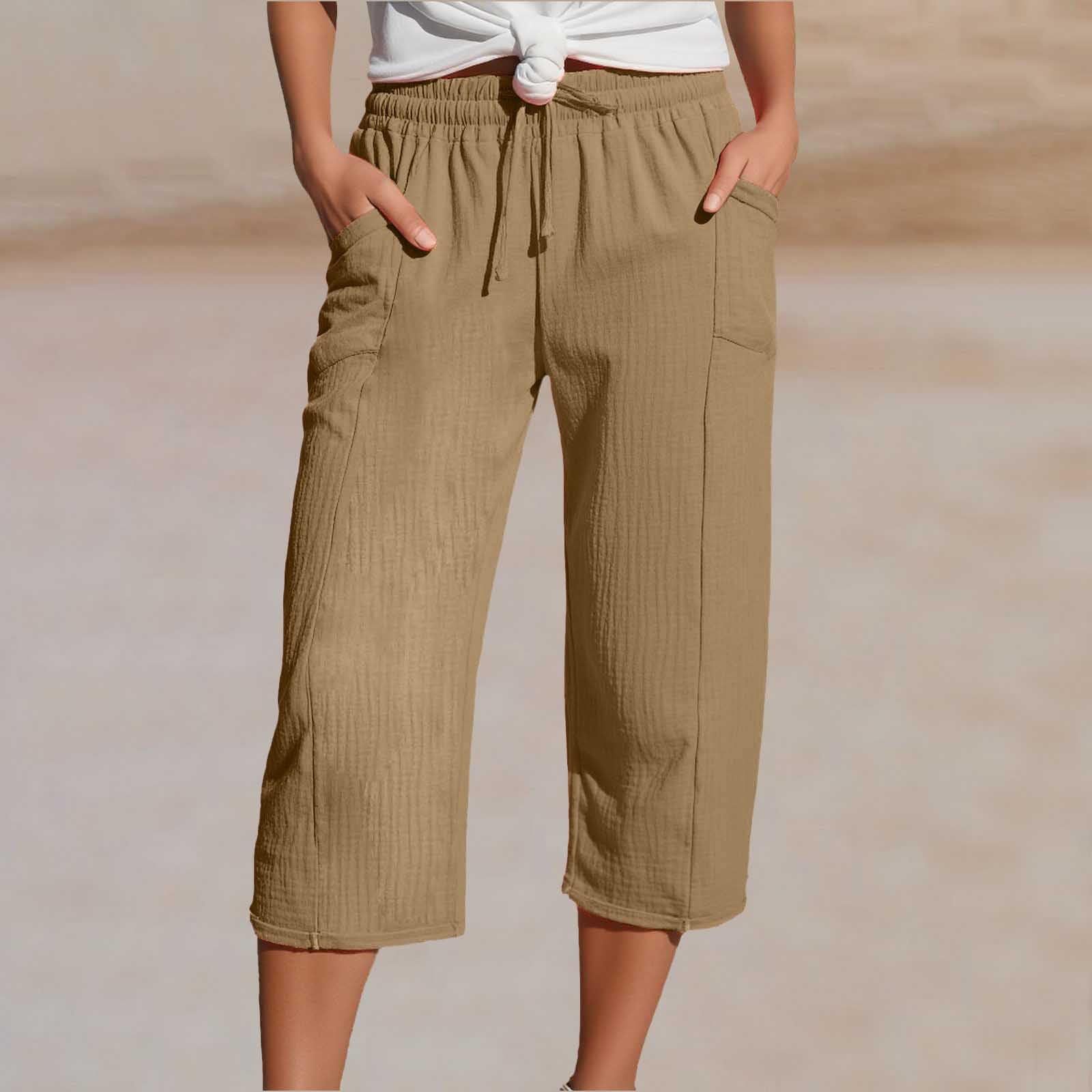 Women's Cotton Linen Solid Color Elastic Waist Pleated Cropped Pants