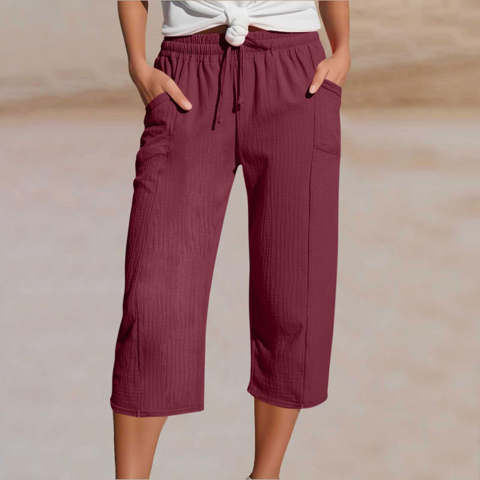 Women's Cotton Linen Solid Color Elastic Waist Pleated Cropped Pants