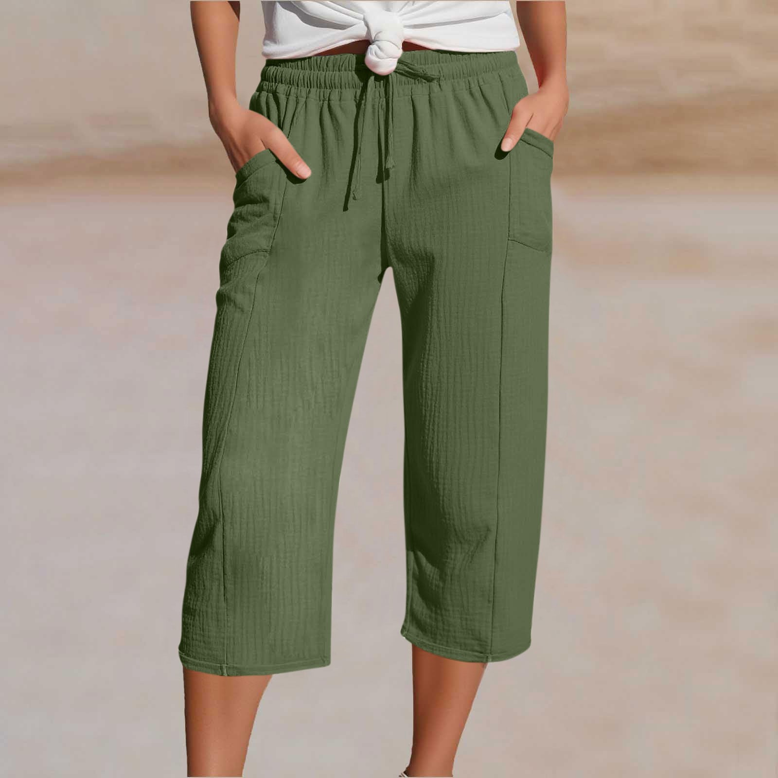 Women's Cotton Linen Solid Color Elastic Waist Pleated Cropped Pants