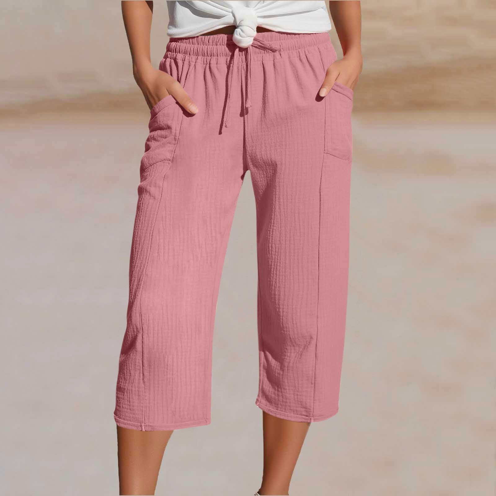 Women's Cotton Linen Solid Color Elastic Waist Pleated Cropped Pants