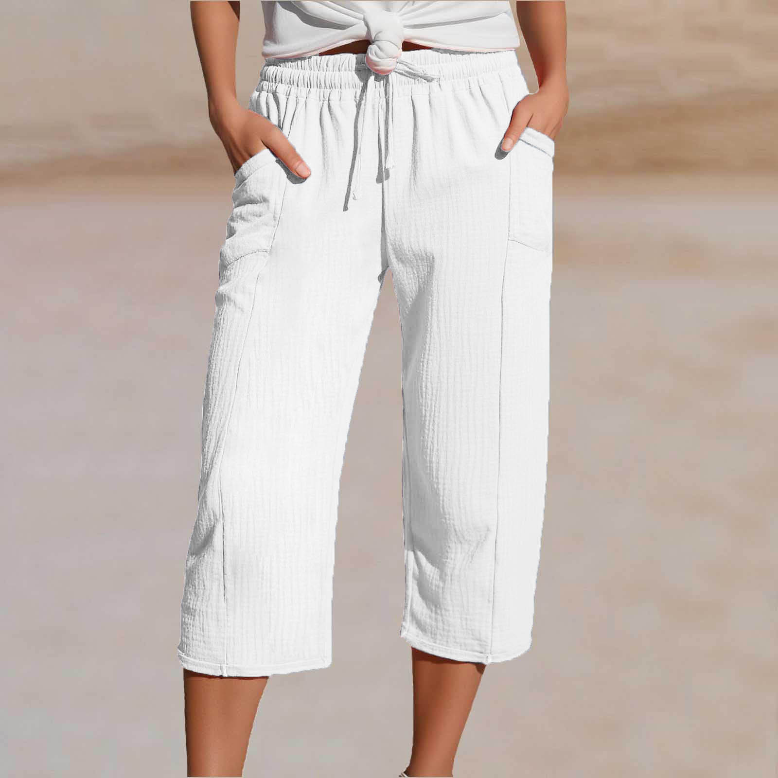 Women's Cotton Linen Solid Color Elastic Waist Pleated Cropped Pants