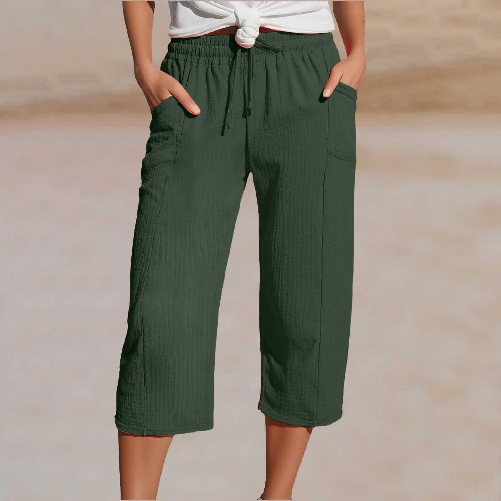 Women's Cotton Linen Solid Color Elastic Waist Pleated Cropped Pants