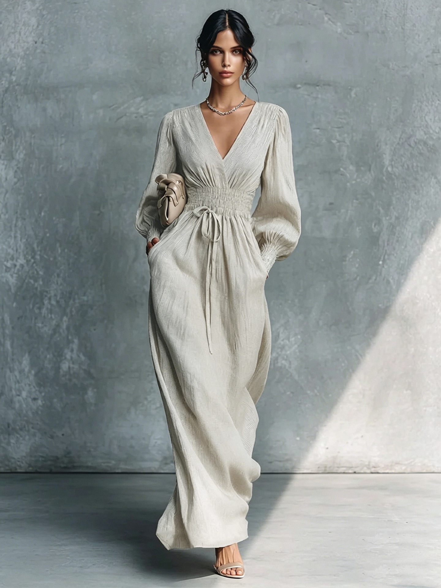 Women's Deep V-neck Long-sleeve Elastic-waist Dress