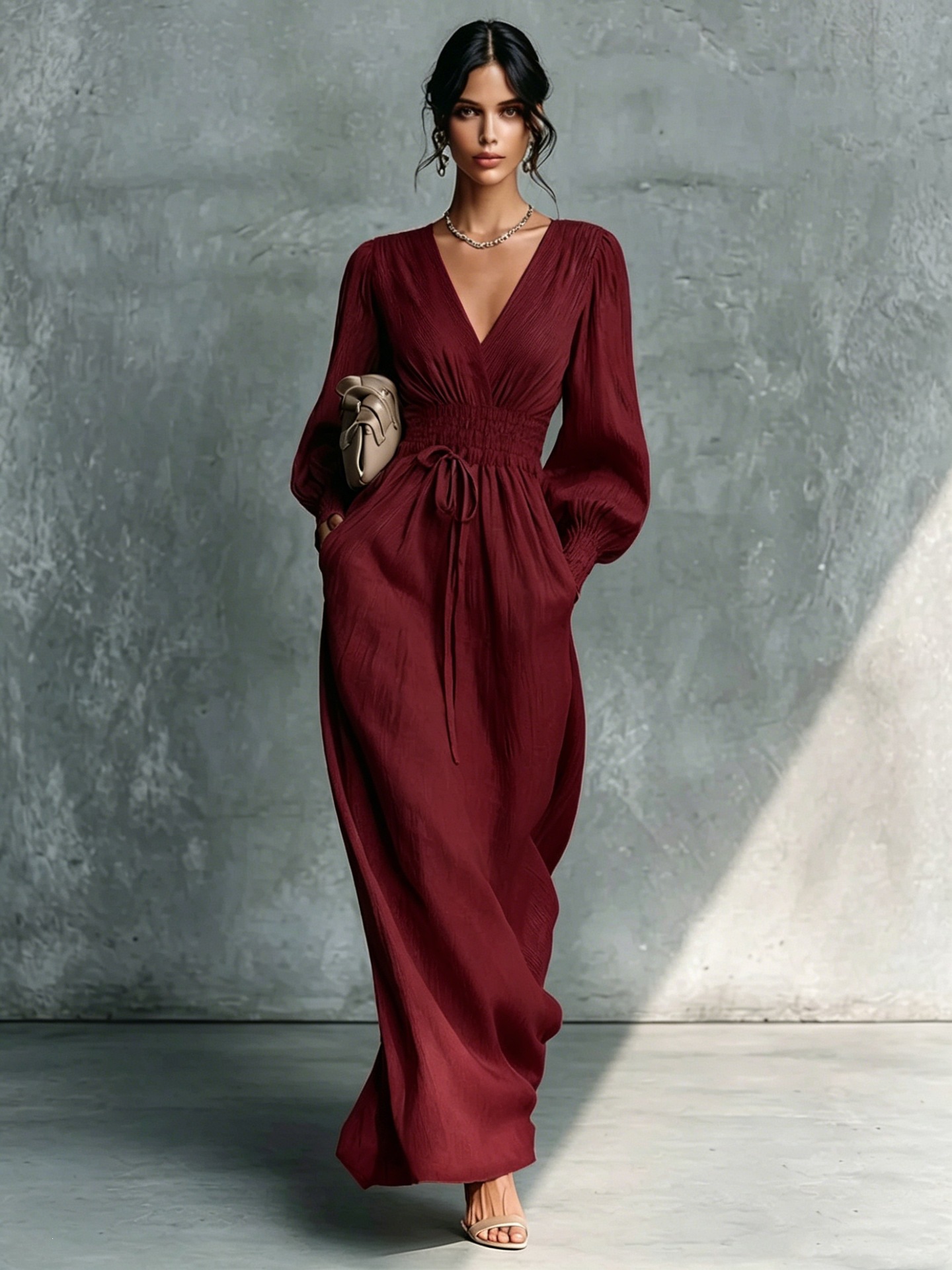 Women's Deep V-neck Long-sleeve Elastic-waist Dress