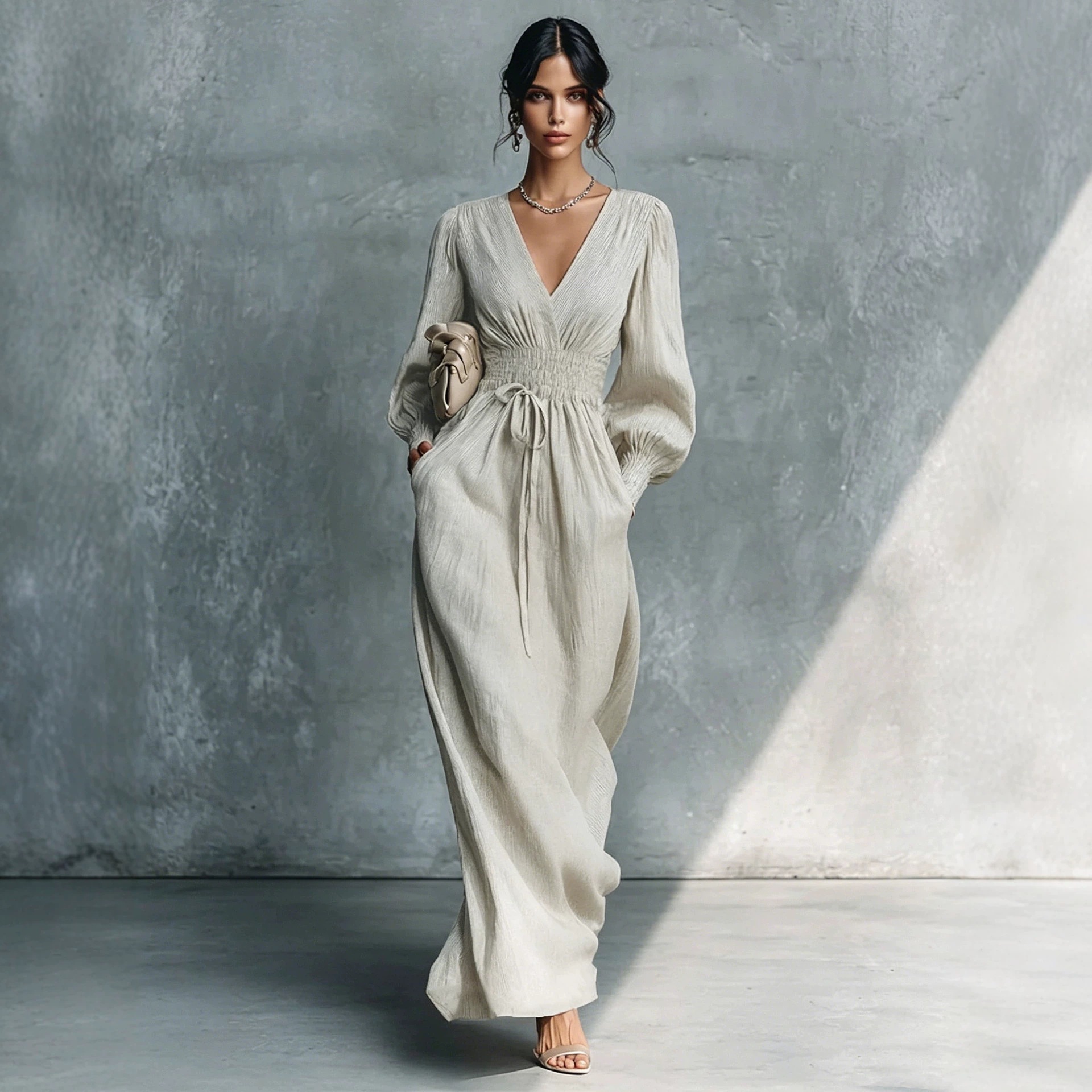 Women's Deep V-neck Long-sleeve Elastic-waist Dress