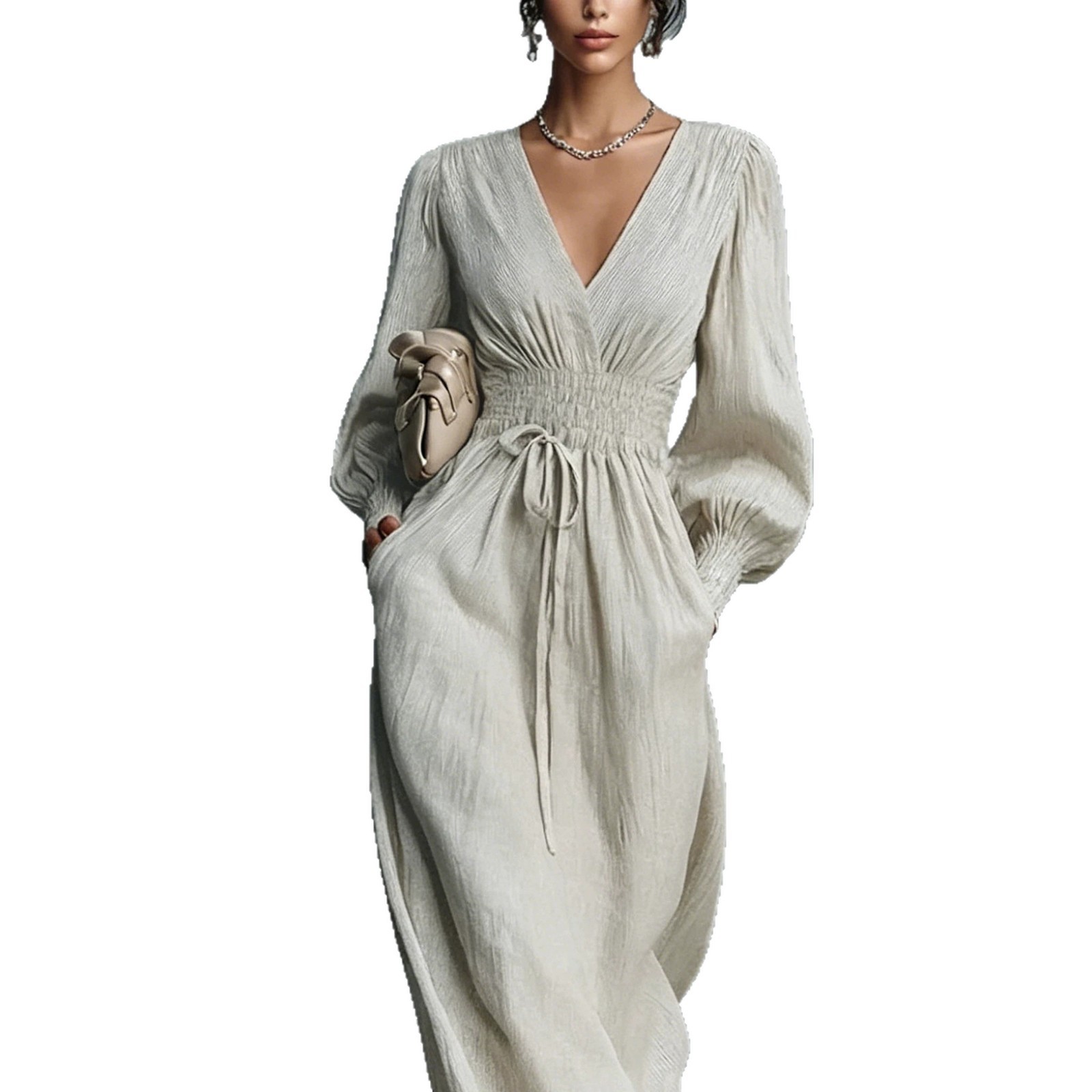 Women's Deep V-neck Long-sleeve Elastic-waist Dress