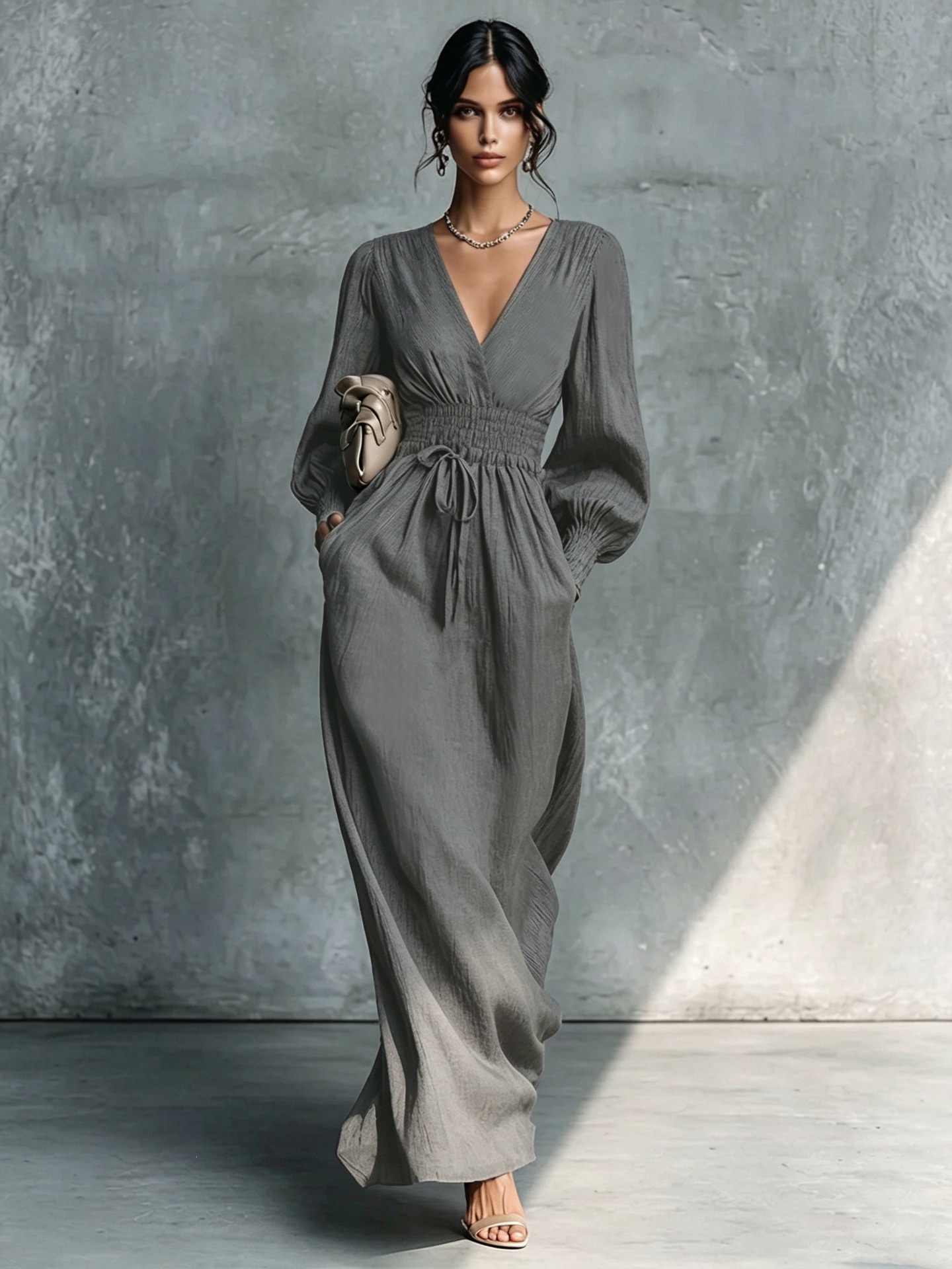 Women's Deep V-neck Long-sleeve Elastic-waist Dress