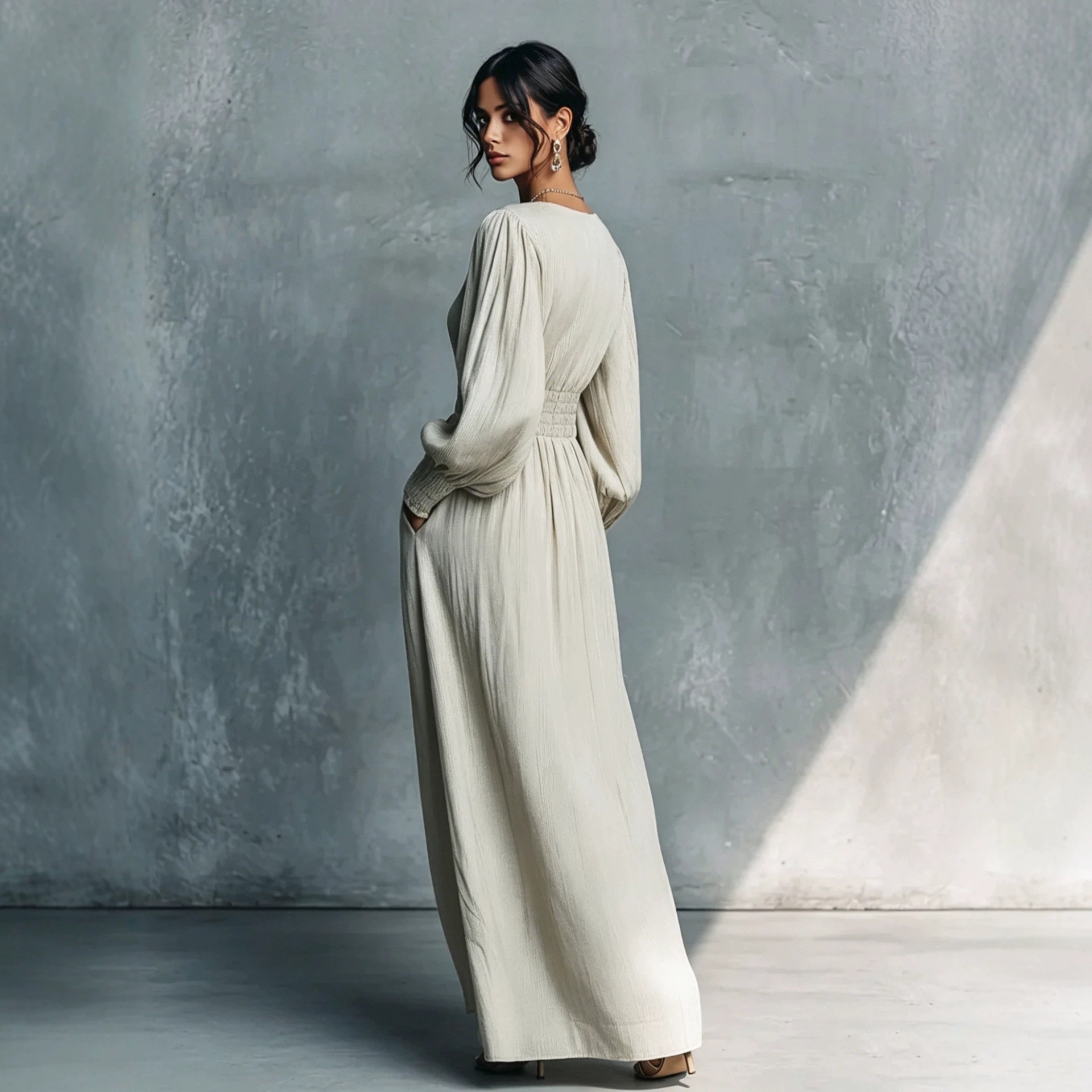 Women's Deep V-neck Long-sleeve Elastic-waist Dress