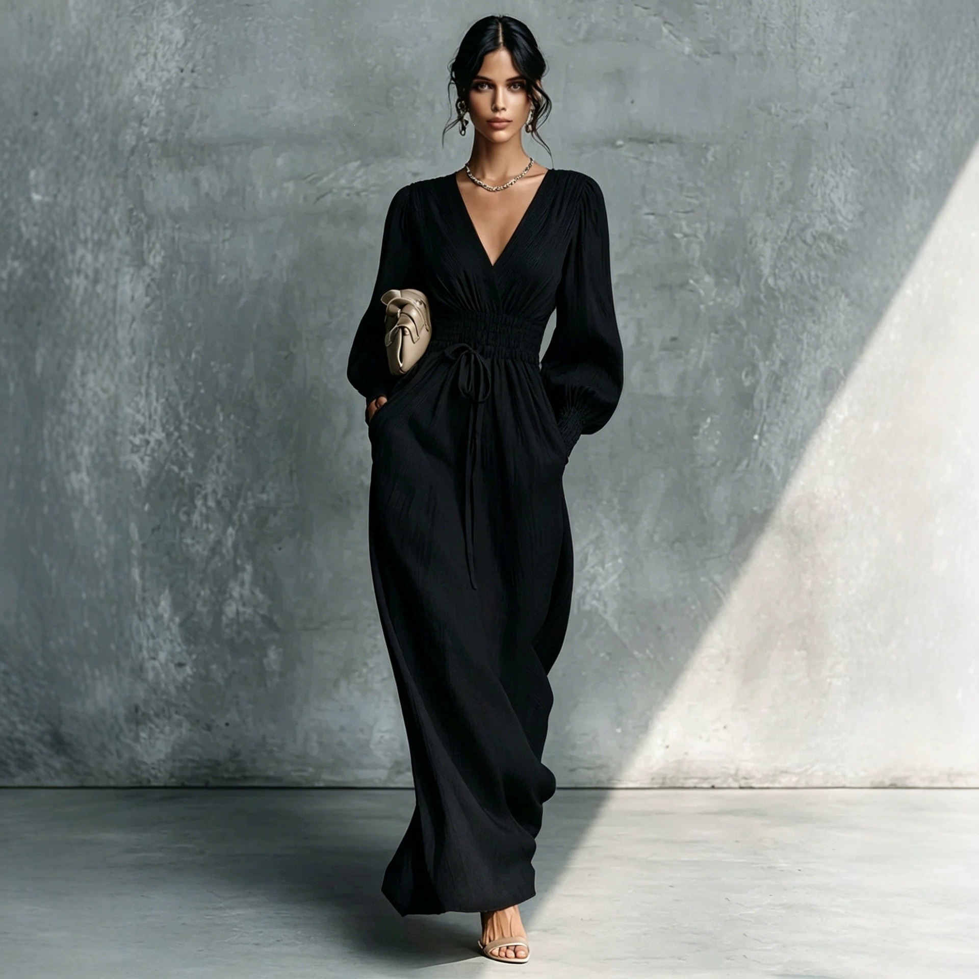 Women's Deep V-neck Long-sleeve Elastic-waist Dress