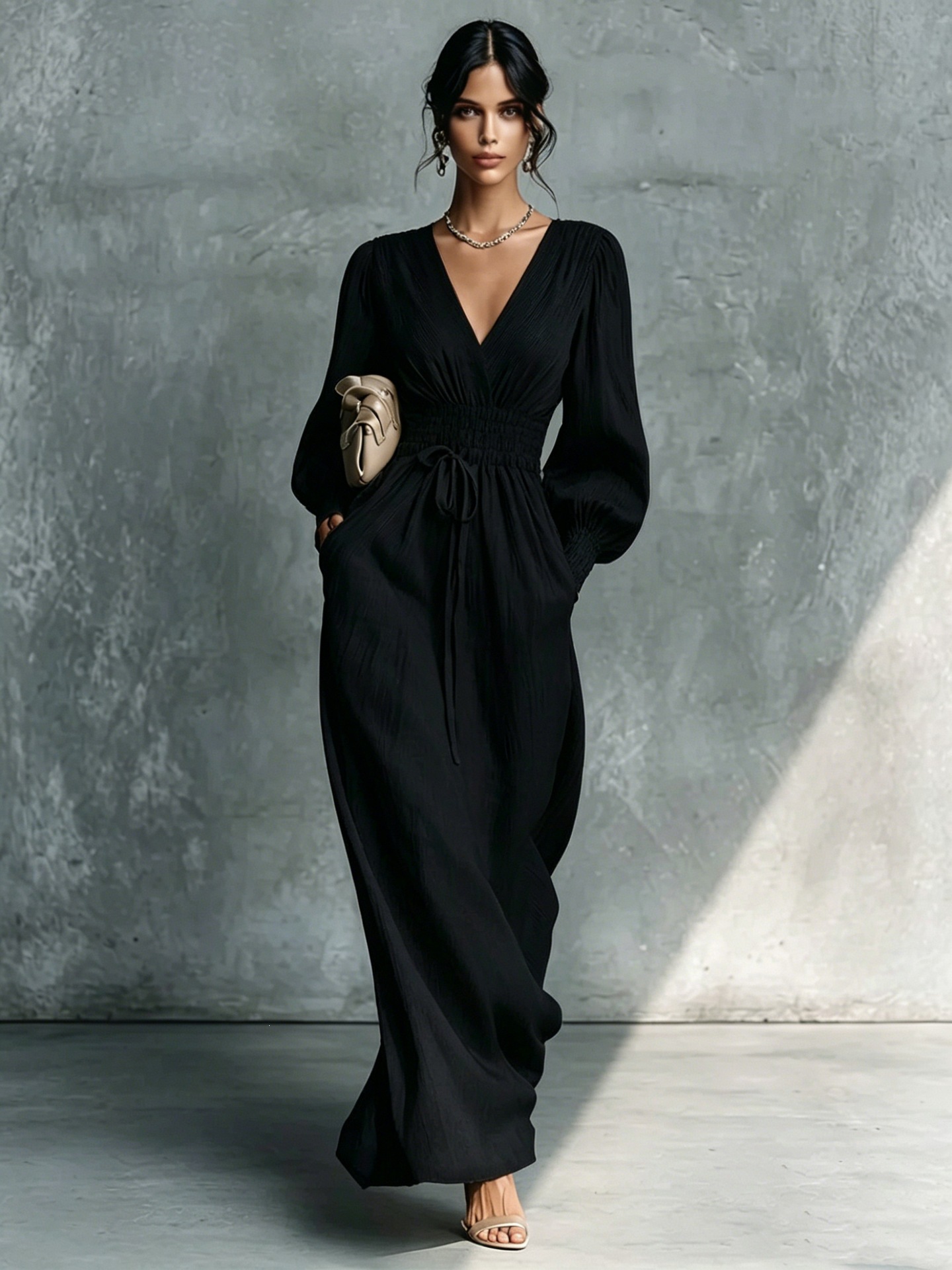 Women's Deep V-neck Long-sleeve Elastic-waist Dress