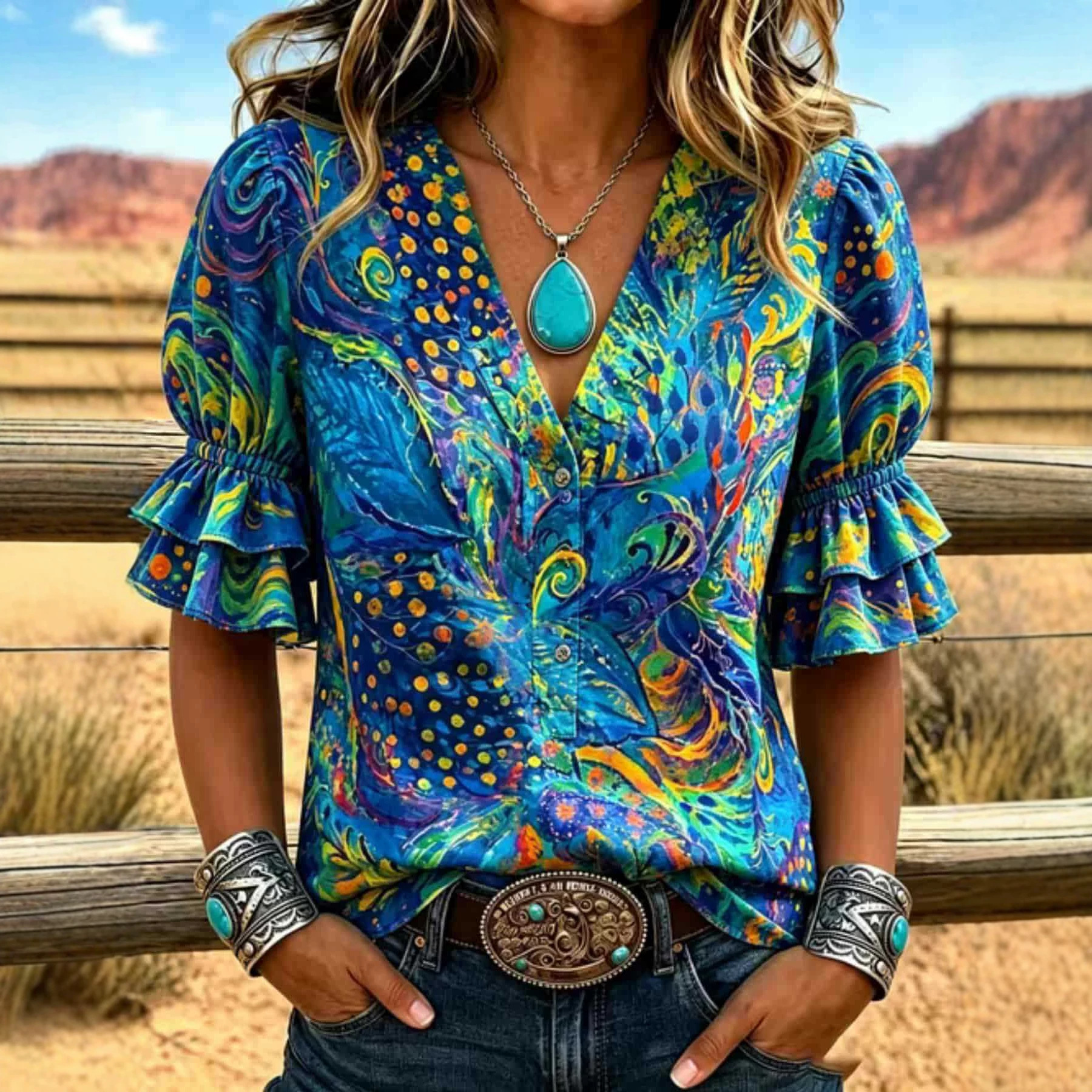 Women's Digital-print Blouse With Bell Sleeves