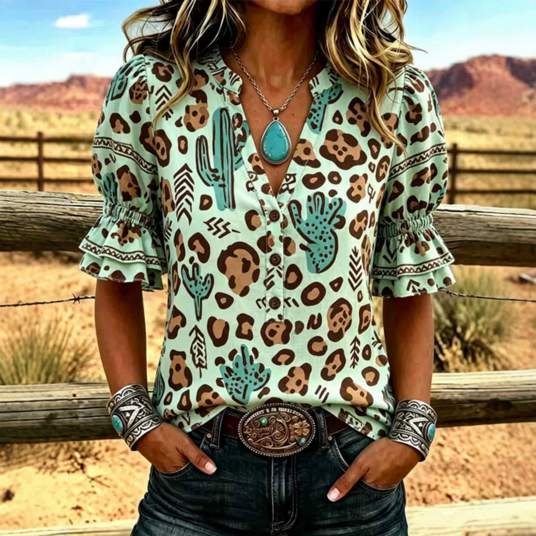 Women's Digital-print Blouse With Bell Sleeves