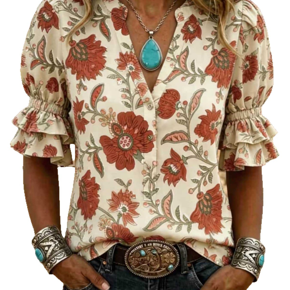 Women's Digital-print Blouse With Bell Sleeves