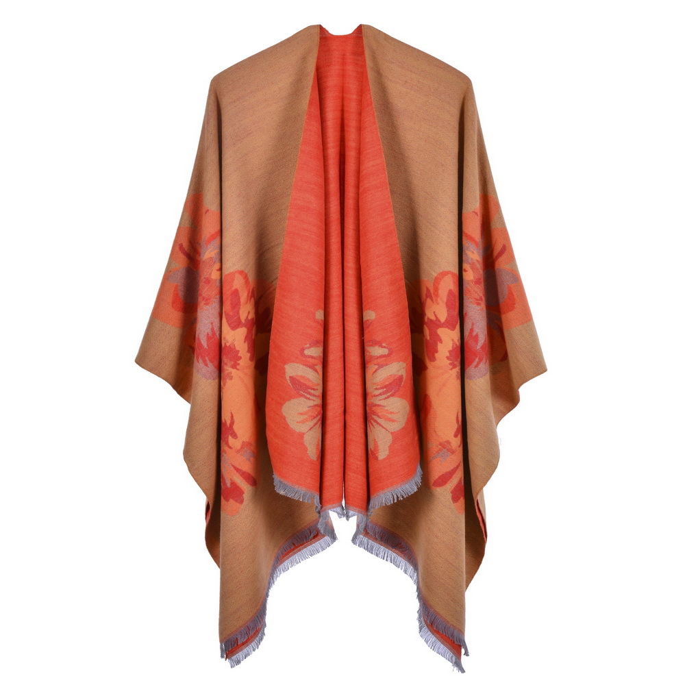 Women's Double-Sided Fringe Fashion Jacquard Shawl, Thick Warm Split Shawl Poncho