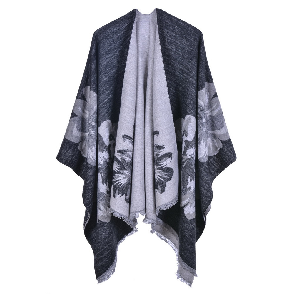 Women's Double-Sided Fringe Fashion Jacquard Shawl, Thick Warm Split Shawl Poncho