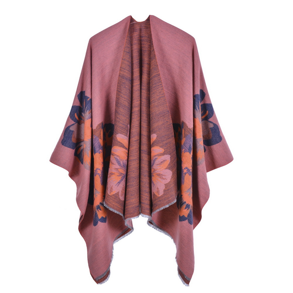Women's Double-Sided Fringe Fashion Jacquard Shawl, Thick Warm Split Shawl Poncho