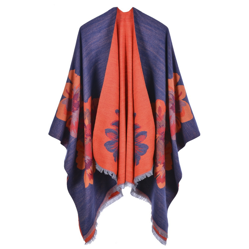 Women's Double-Sided Fringe Fashion Jacquard Shawl, Thick Warm Split Shawl Poncho