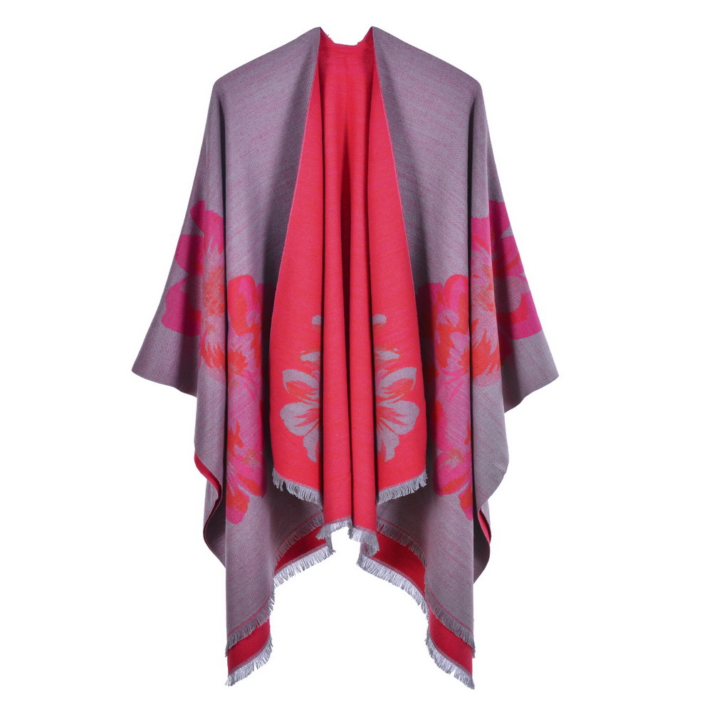 Women's Double-Sided Fringe Fashion Jacquard Shawl, Thick Warm Split Shawl Poncho