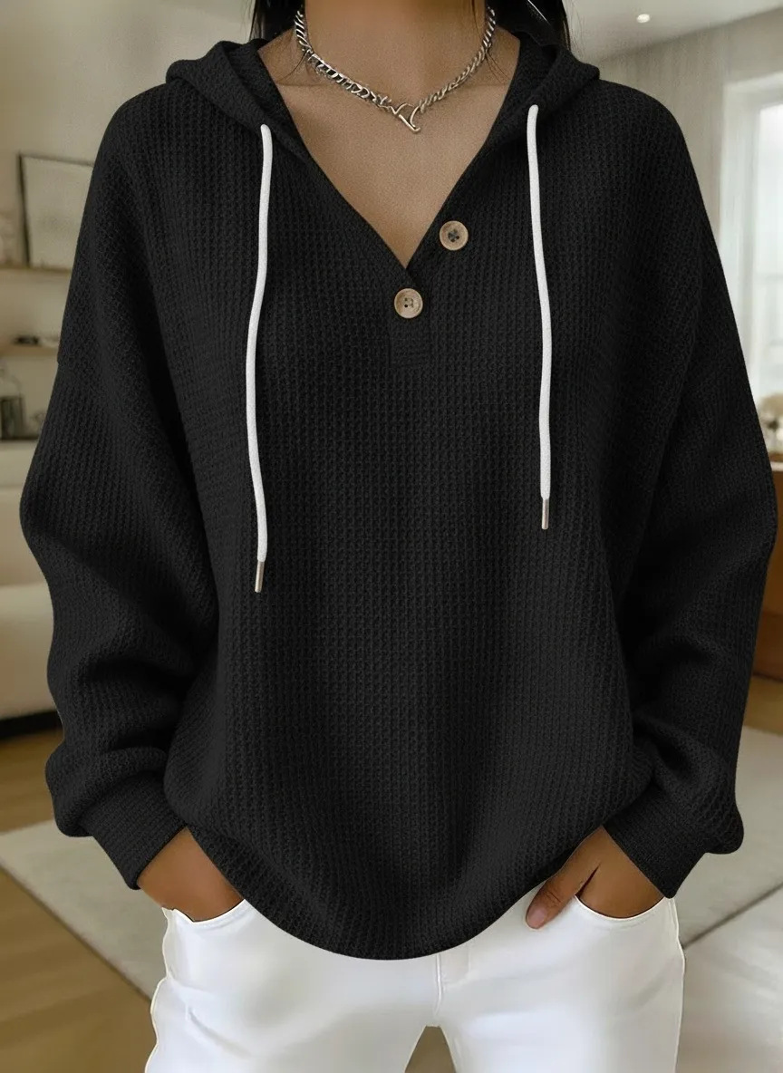 Women's Drawstring Hoodie Loose-fit Waffle-knit Hooded Top