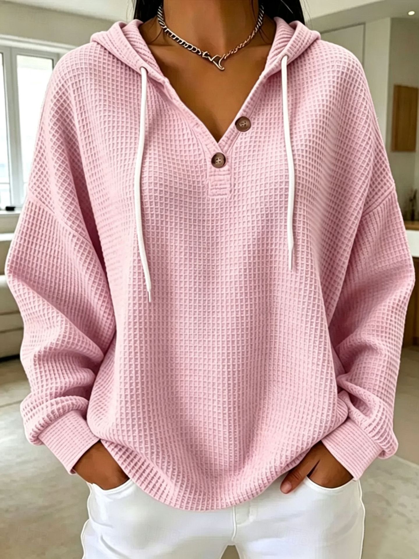 Women's Drawstring Hoodie Loose-fit Waffle-knit Hooded Top