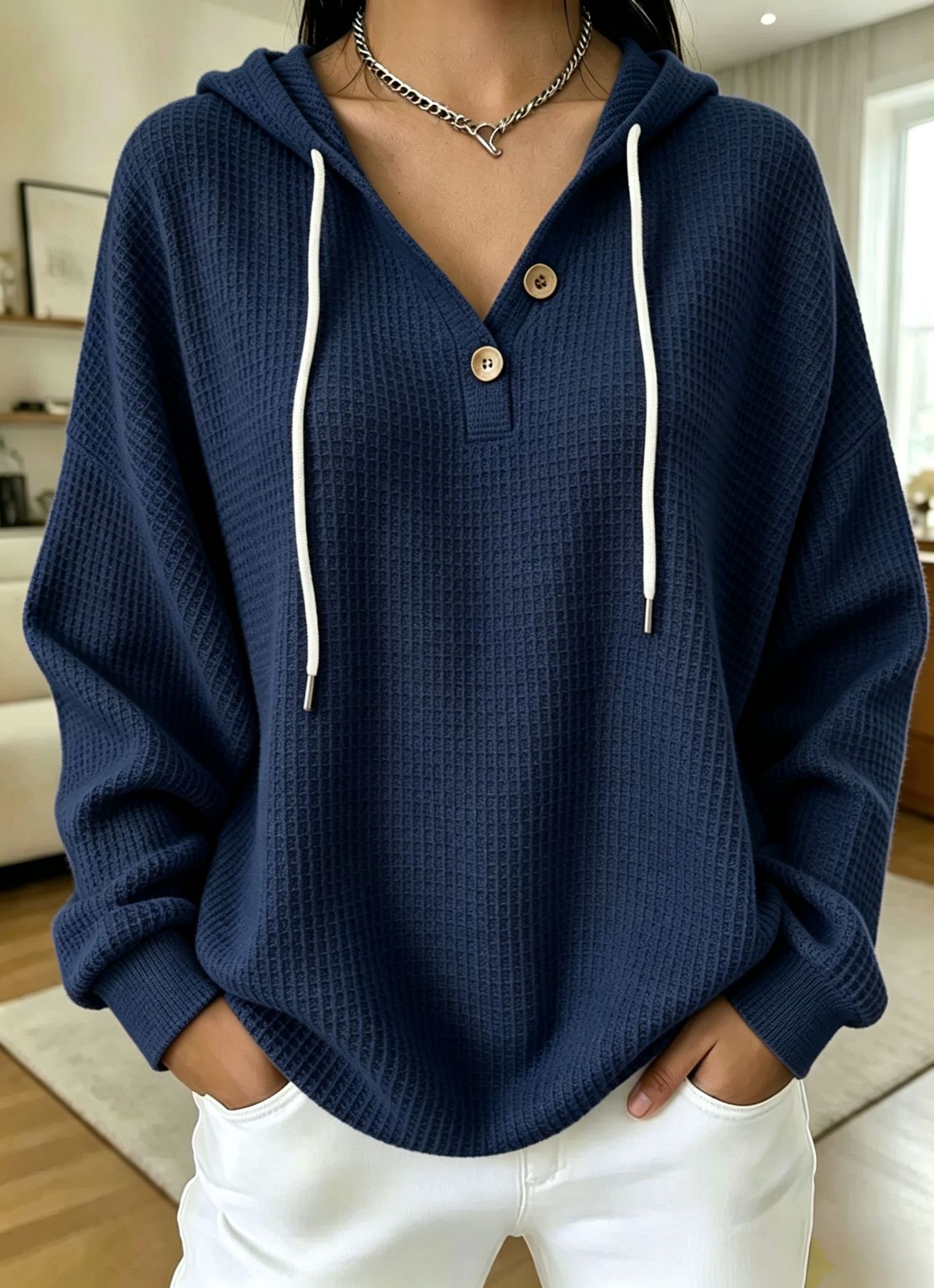 Women's Drawstring Hoodie Loose-fit Waffle-knit Hooded Top