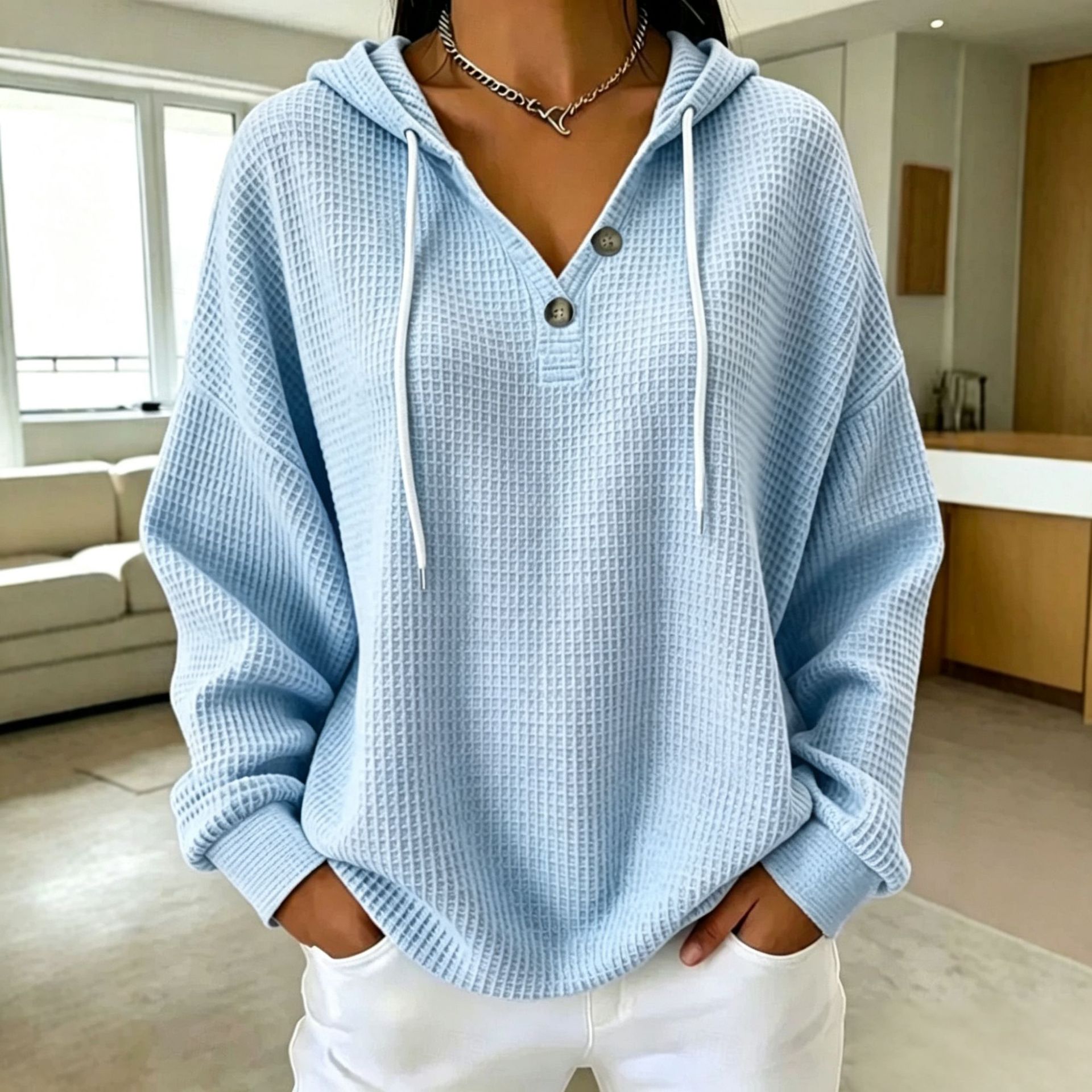 Women's Drawstring Hoodie Loose-fit Waffle-knit Hooded Top