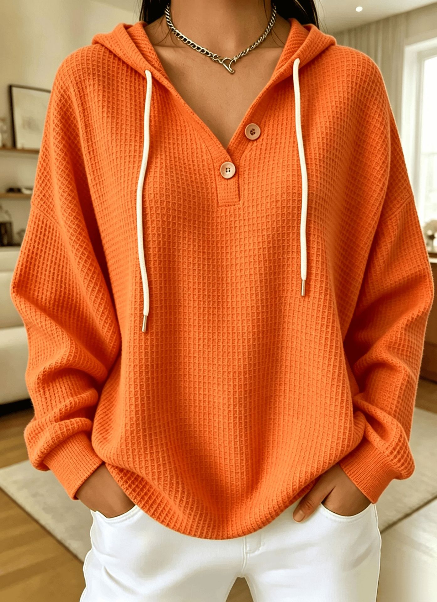 Women's Drawstring Hoodie Loose-fit Waffle-knit Hooded Top