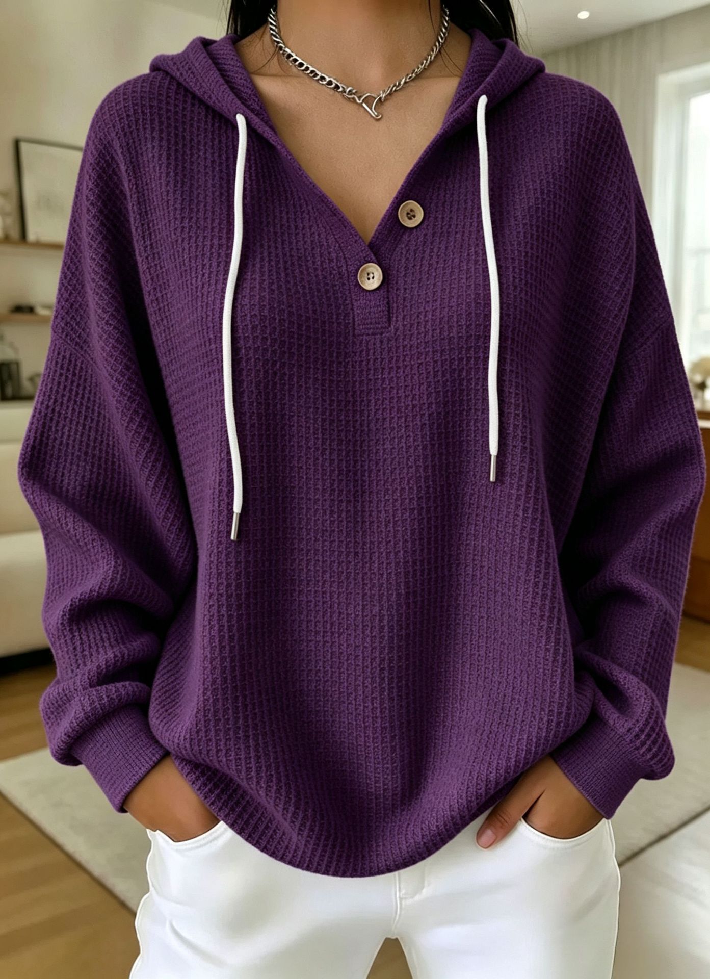 Women's Drawstring Hoodie Loose-fit Waffle-knit Hooded Top