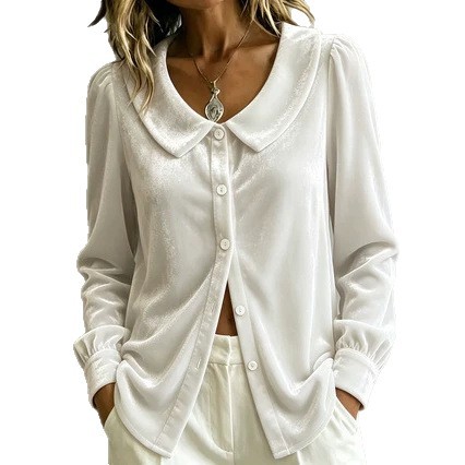 Women's Elegant Velvet Peter Pan Collar Blouse Long Sleeve Puff Sleeve Button Down Casual