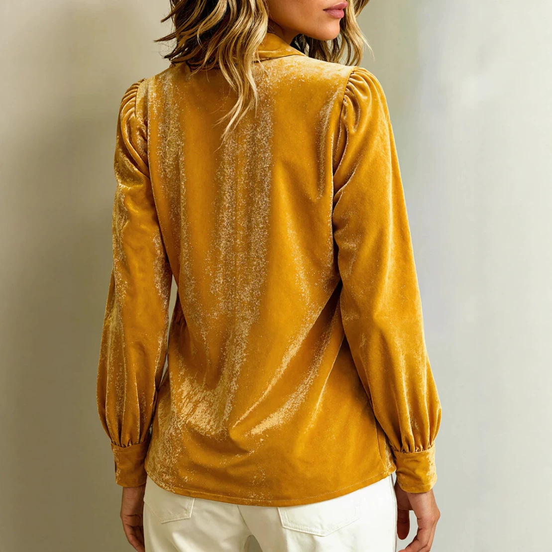 Women's Elegant Velvet Peter Pan Collar Blouse Long Sleeve Puff Sleeve Button Down Casual