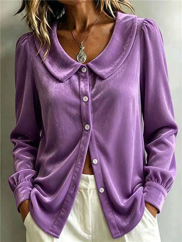 Women's Elegant Velvet Peter Pan Collar Blouse Long Sleeve Puff Sleeve Button Down Casual