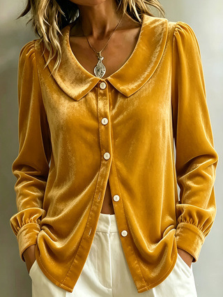Women's Elegant Velvet Peter Pan Collar Blouse Long Sleeve Puff Sleeve Button Down Casual