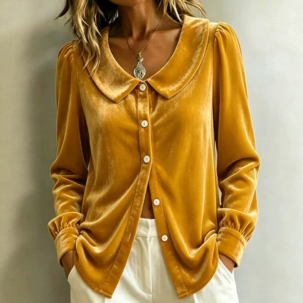 Women's Elegant Velvet Peter Pan Collar Blouse Long Sleeve Puff Sleeve Button Down Casual