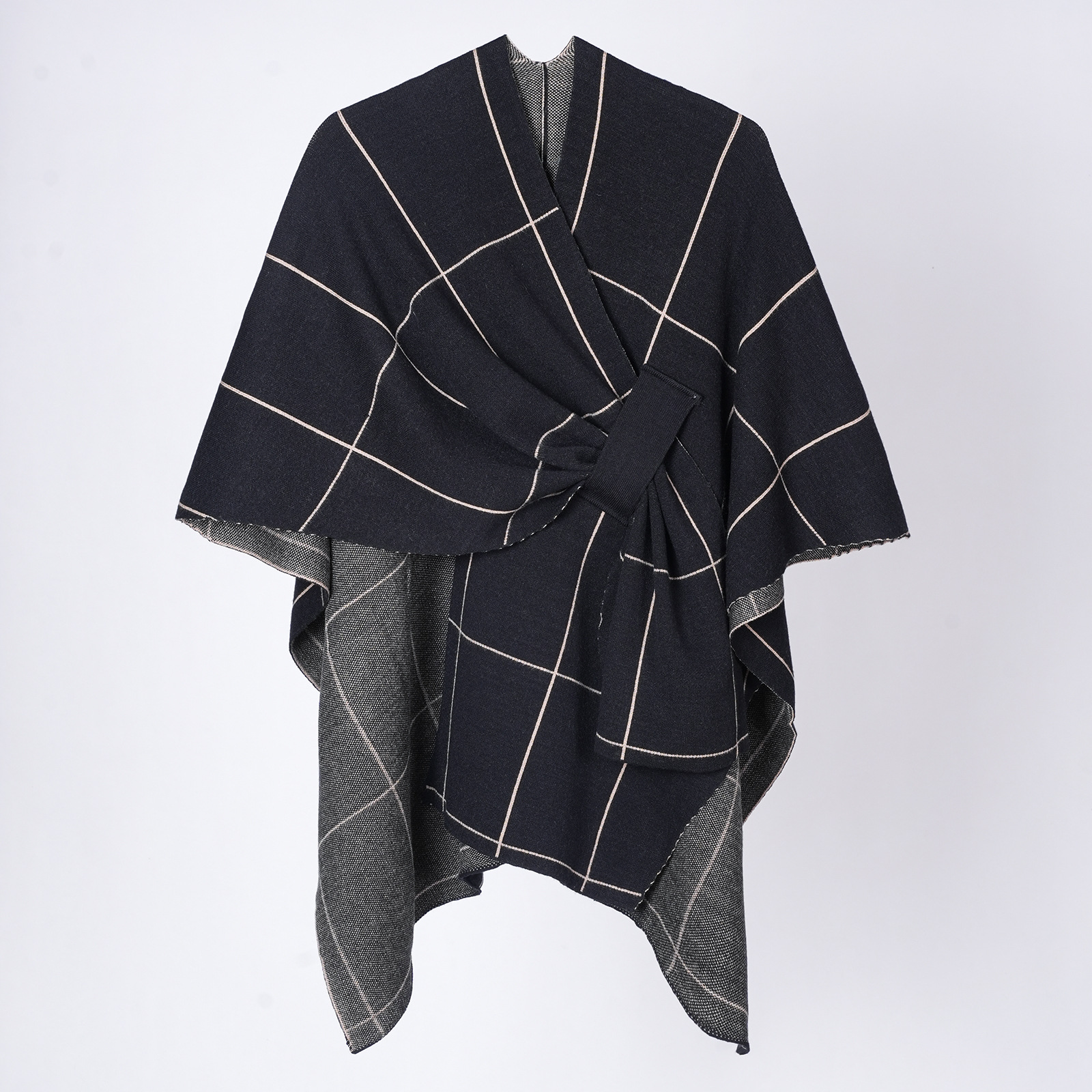 Women's European American Knit Plaid Tie Shawl Coat, Portable Versatile Warm Fringe