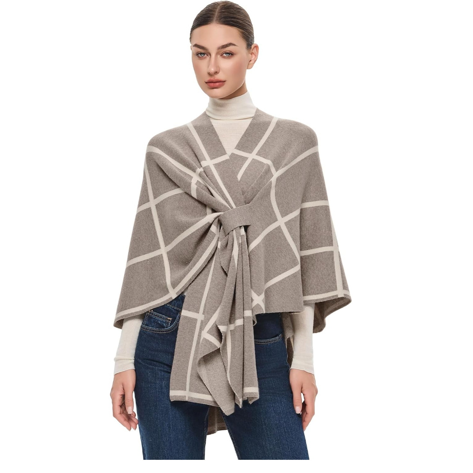 Women's European American Knit Plaid Tie Shawl Coat, Portable Versatile Warm Fringe