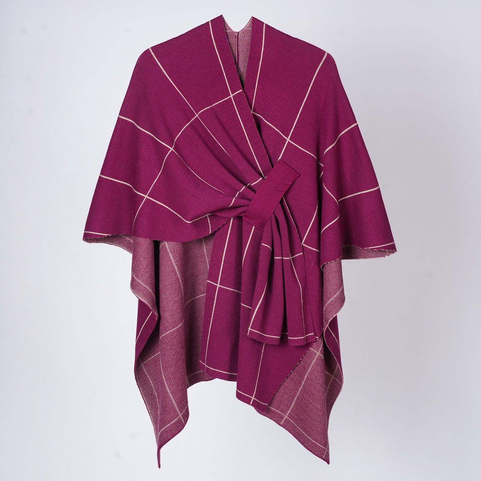 Women's European American Knit Plaid Tie Shawl Coat, Portable Versatile Warm Fringe