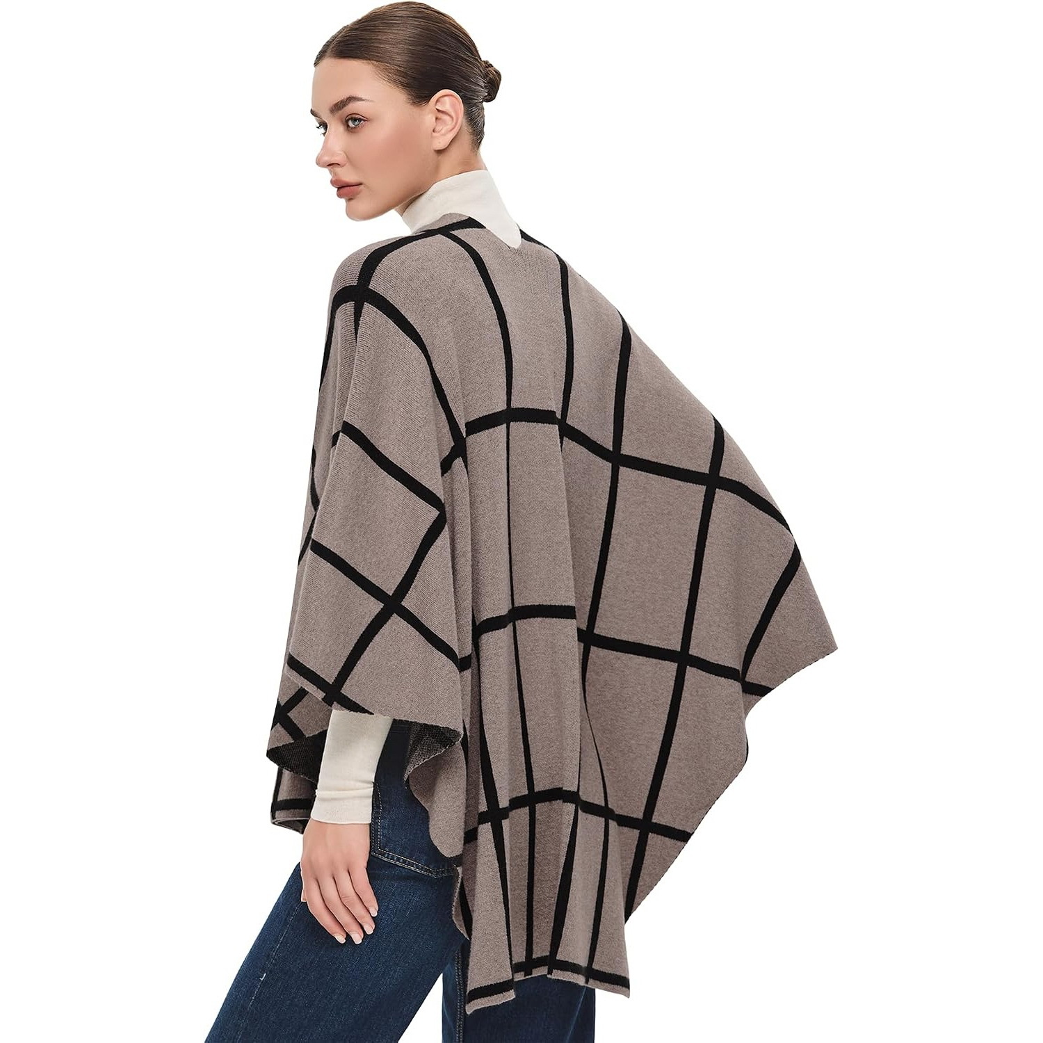 Women's European American Knit Plaid Tie Shawl Coat, Portable Versatile Warm Fringe