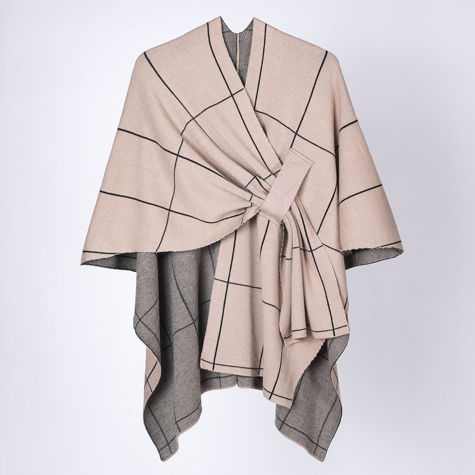 Women's European American Knit Plaid Tie Shawl Coat, Portable Versatile Warm Fringe