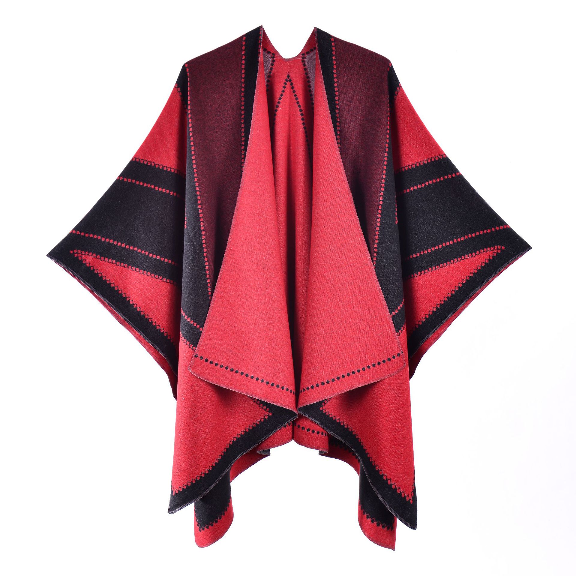 Women's European American Thick Faux Cashmere Split Poncho Cape, Runway Outerwear