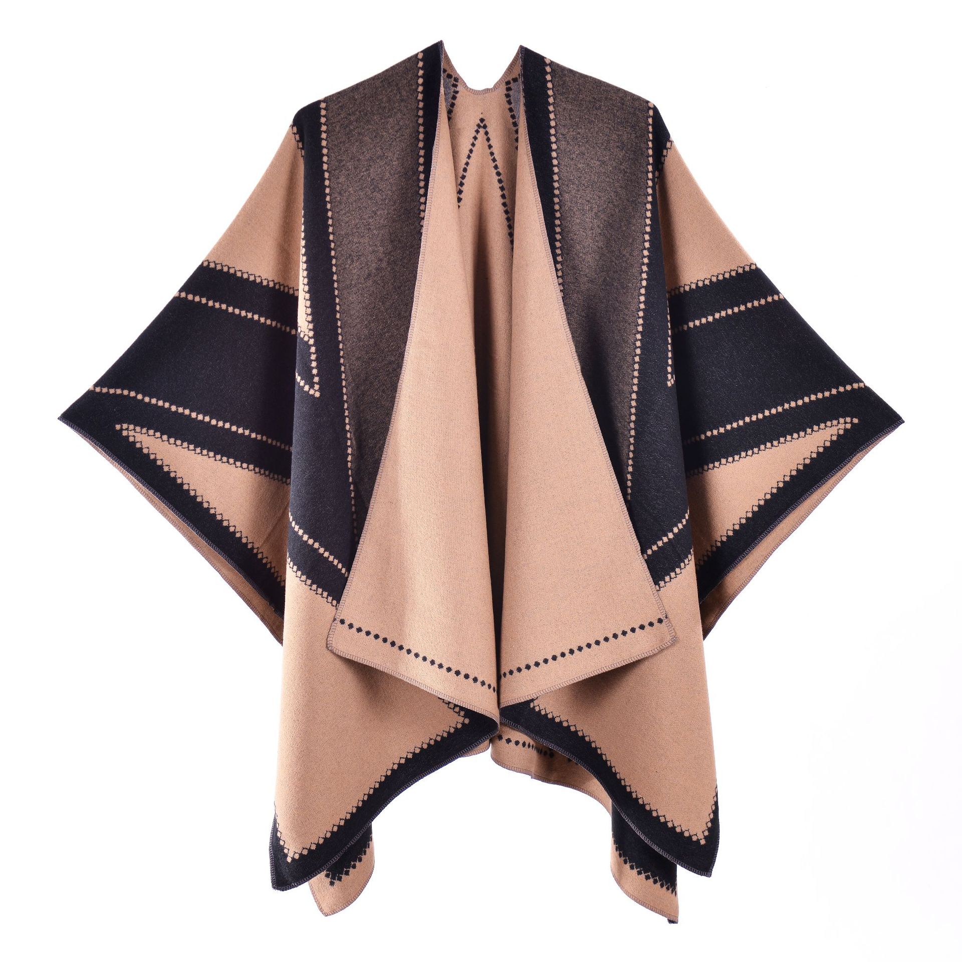 Women's European American Thick Faux Cashmere Split Poncho Cape, Runway Outerwear