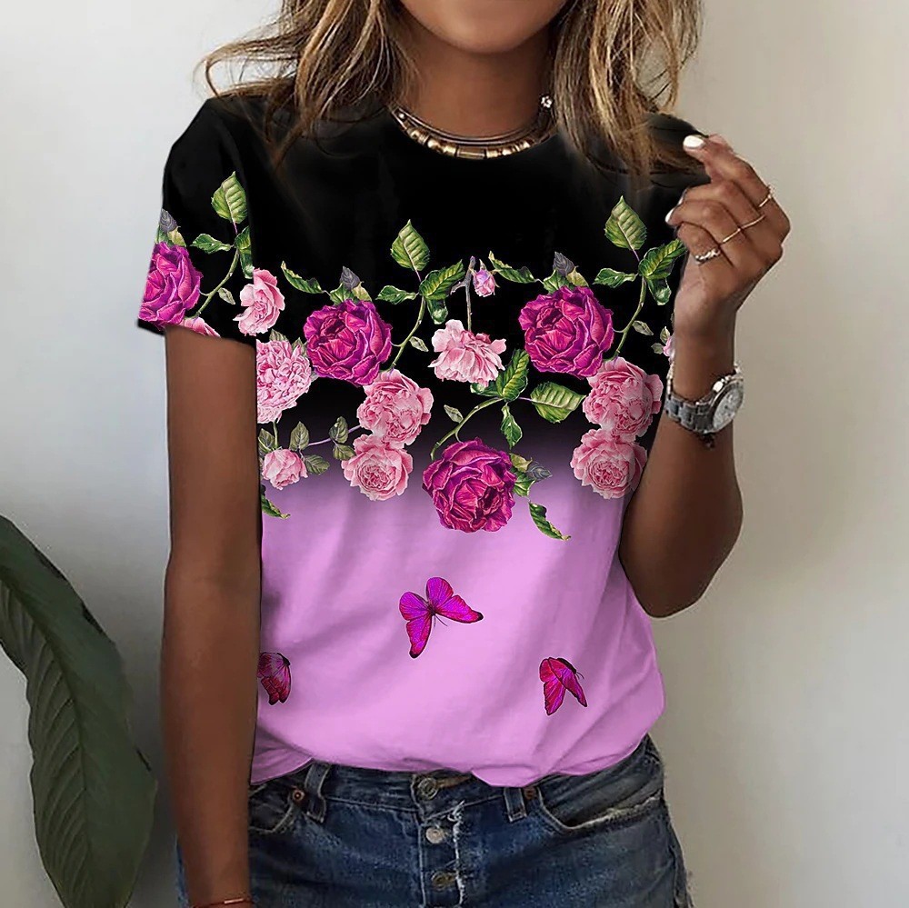 Women's Fashion 3D Digital Print Casual Crew Neck ShortSleeve TShirt For Amazon