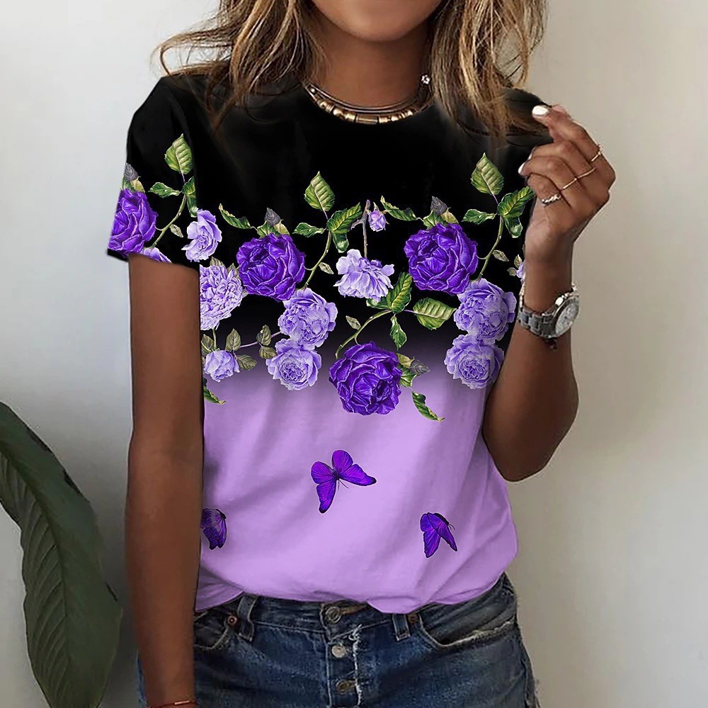 Women's Fashion 3D Digital Print Casual Crew Neck ShortSleeve TShirt For Amazon