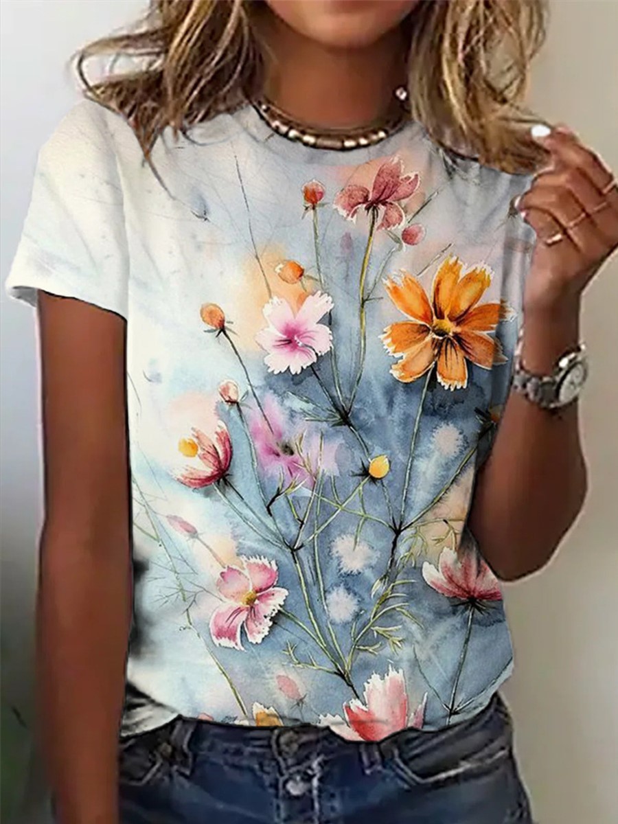 Women's Fashion 3D Digital Print Casual Crew Neck ShortSleeve TShirt For Amazon