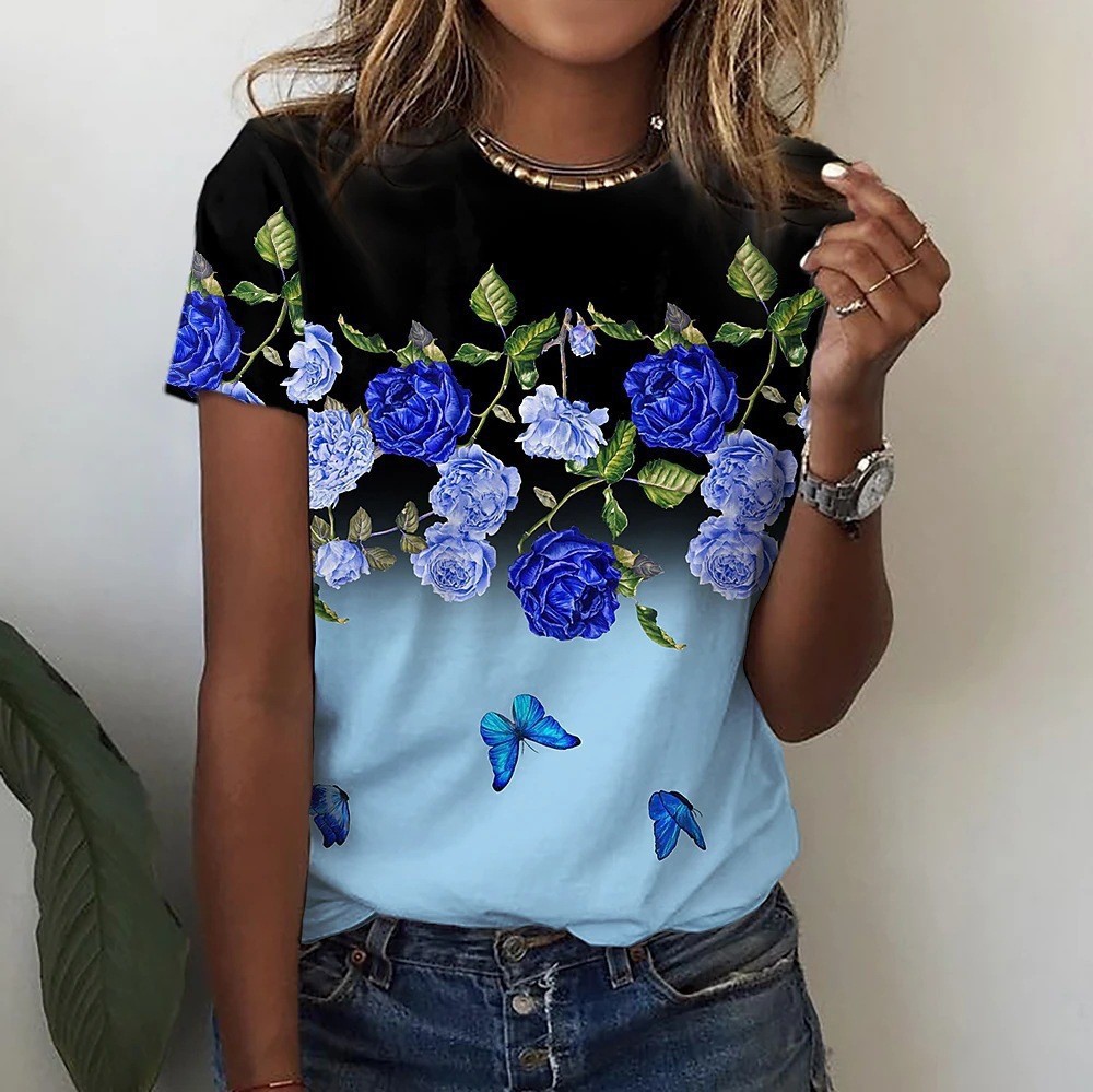 Women's Fashion 3D Digital Print Casual Crew Neck ShortSleeve TShirt For Amazon