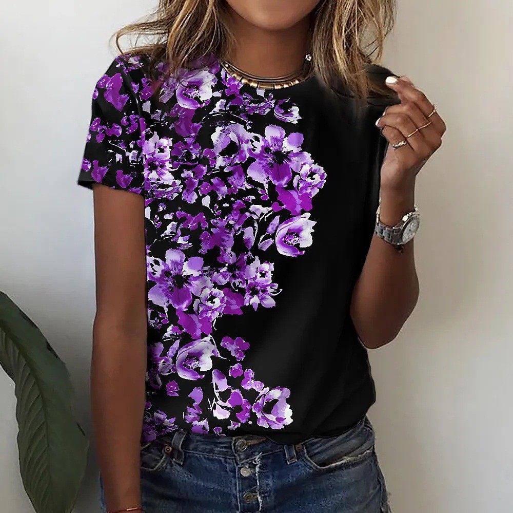 Women's Fashion 3D Digital Print Casual Crew Neck ShortSleeve TShirt For Amazon