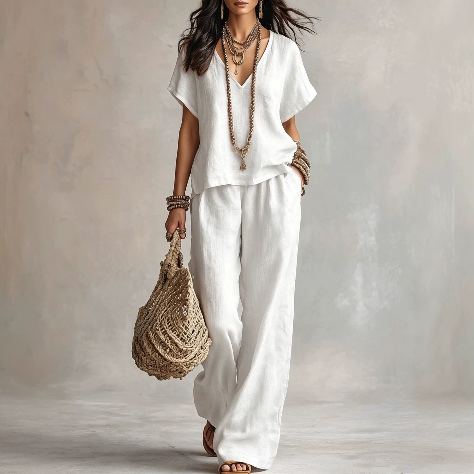 Women's Fashion Casual Solid Color V Neck Loose Short Sleeve And Casual Trousers Two Piece